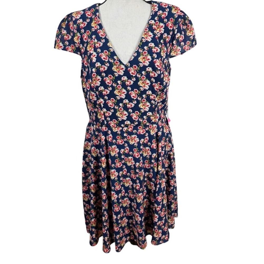 Betsey Johnson Dress Womens 12 Navy Multi Floral V-Neck Cap Sleeve FH01W41T